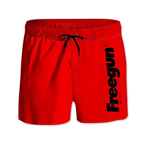 FREEGUN Maillot de Bain Homme Léger, Short de Bain, Piscine, Séchage Rapide et avec Doublure, Rouge, Noir, Taille L