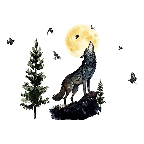 SUPERDANT Forest Animal Wall Decal Watercolor Moon Night Wolf Wall Stickers Removable Stickers Home Decor Wall Art Sticker DIY Art PVC Wall Decal Peel and Stick Decals