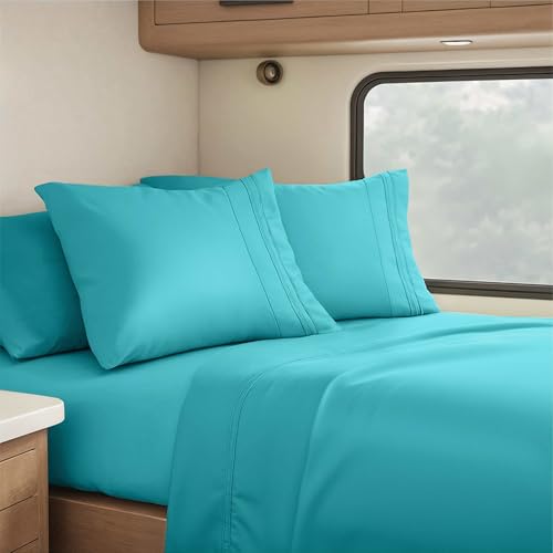 Image of Nestl Teal Short Queen Sheets for RV, Hotel Luxury RV Queen Sheets Set, 4 Piece Fitted Bed Sheet Set and Pillowcases, Super Soft, Wrinkle-Free, and Breathable Camper Bedding