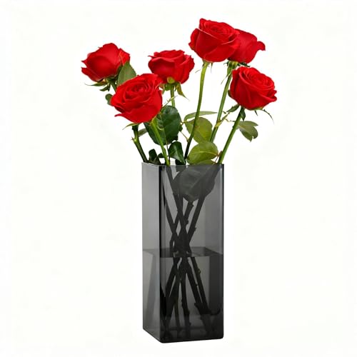 Koelaa Acrylic Square Flower Vase - Unbreakable, Shatterproof & Easy Clean, Clear Grey Lightweight Vase for Modern Living Room, Farmhouse Decor, Birthday & Wedding Gift for Her- 10x20cm