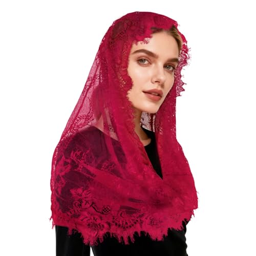 DOCILA Infinity Red Veil Lace Scarf Women Church Wedding Bridal Veil Mass Mantilla Head Covering Halloween Red Bride Costume