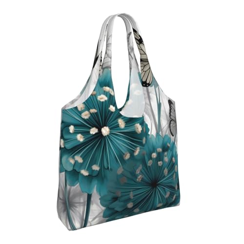 (Gray Teal Flower Butterfly) Large Tote Shoulder Bag Fashion Canvas Handbag Reusable Shopping Bag Travel Bag For Women2