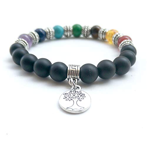 7 Chakras Healing Bracelet 8mm Matte Agate Bracelet Stress Relief Bracelets with Life Tree Charm for Women Men