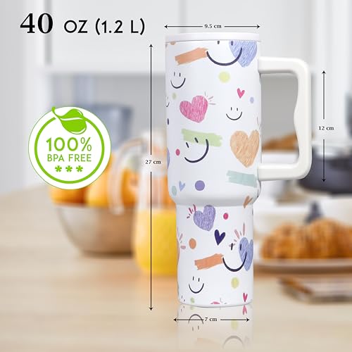 Image of Stainless Steel 1200 ml Vacuum Tumbler with Lid & Straw - Double‑Wall Insulated Cup for Travel, Gym & Office - Keeps Beverages Hot or Cold - 1.2 L Capacity (White Smily)
