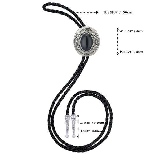 Image of Vintage Western Cowboy Rodeo Black Agate Bolo Tie for Men Women | Premium braided leather, adjustable sliding clasp, anti-tarnish alloy pendant, versatile western bolo tie