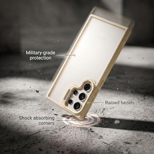 Image of amazon basics Frosted Matte Case for Samsung Galaxy S25 Ultra 5G | Built-in Flip-Out Camera Lens Stand | Translucent Back with Contrast White Bumper | Shockproof Protective Cover