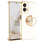 Fingic for Motorola Moto G Power 5G 2024 Case[with 360°Rotatable Ring Holder][Support Magnetic Car Mount] Shiny Plating Gold Slim Thin Soft TPU Shockproof Case for Moto G Power 5G for Women Men,White