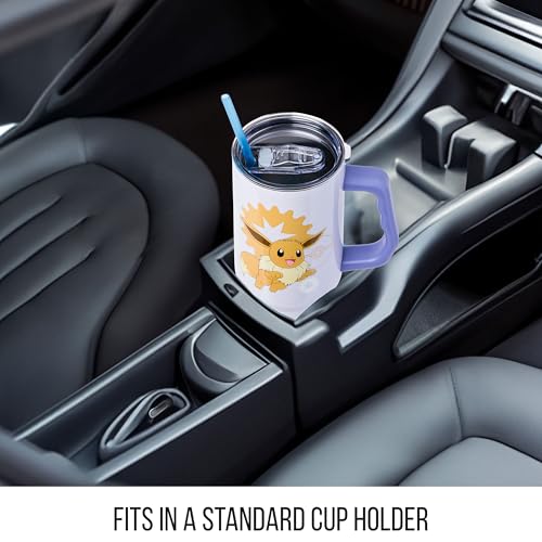 Image of Silver Buffalo Pokemon Double Walled Stainless Steel Tumbler with Handle Featuring Eevee, Fits in Standard Cup Holder, 40 Ounces