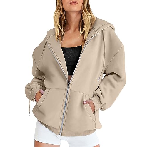 Sudadera para mujer con capucha, suelta, sudadera con capucha, para otoño e invierno, cálido, manga larga, informal, chaqueta de entretiempo con cremallera, sudadera con capucha, beige, S