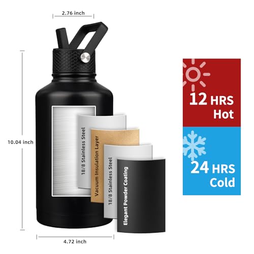 YONICOER Insulated Water Bottle 64oz,Triple Wall Vacuum Stainless Steel(Dishwasher Safe),Leak Proof & Non-BPA,Flask Jug with Paracord Handle & Straw Spout Lids Sports Black