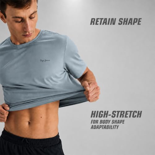 Image of Pepe Jeans Men's Solid Polyester Regular Fit T-Shirt | Lightweight Quick-Dry Athleisure Tee for Sports, Gym & Casual Wear | Moisture-Wicking Fabric | Round Neck | Short Sleeves | Active Comfort