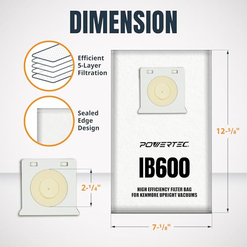 Image of POWERTEC IB600 HEPA Vacuum Bags for Kenmore Intuition Upright Vacuum Cleaners, Replacement Dust Filter Bags for BU4018, BU4020, BU4021, BU4022, BU4023, BU4050, BU3040 (75145)