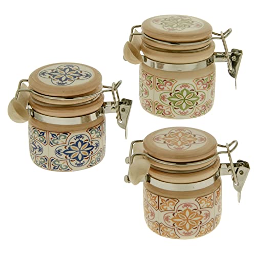 Doni Bomboniere Matrimonio 6 PZ Barattolino Ceramica e Legno Fantasie Maiolica Portaspezie Confettata Segnaposto Anniversario Cresima Comunione con Cucchiano (Piccolo)