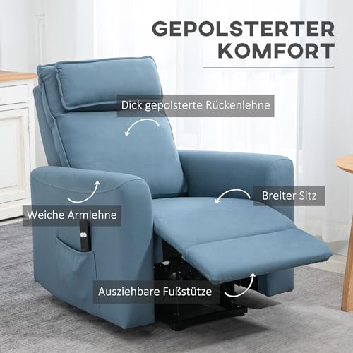 HOMCOM elektrischer Aufstehsessel TV Sessel mit Aufstehhilfe, Liegefunktion gepolstert Relaxsessel mit Fernbedienung, Seitentasche, Fernsehsessel aus Samt, Blau – Bild 5