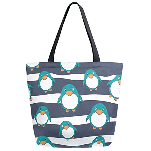 Cartoon Penguin Extra Large Canvas Shoulder Tote Storage Top Handle Bag for School Gym Weekender Beach Travel Reusable Grocery S