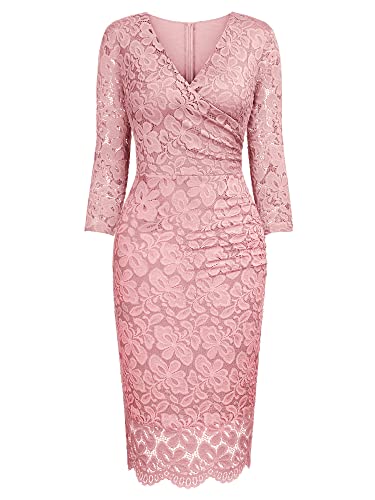 Miusol Women's Retro Deep-V Neck Ruffles Floral Lace Evening Pencil Dress (Large, Pink) #TOP6