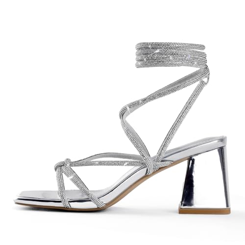 Image of Shoe'N Tale Lace Up Heels for Women Ankle Strappy Gladiator High Heeled Sandals Chunky Block Heel Square Open Toe Criss Cross Dress Shoes
