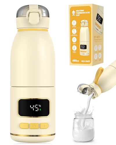 eSynic Scaldabiberon Portatile 450ml in Acciaio Inox, Riscaldamento Rapido 2-3 Minuti, Batteria Lunga Durata 15000mAh, LED Display Temperatura 37-55°C, Bottiglia Ricaricabile in Movimento