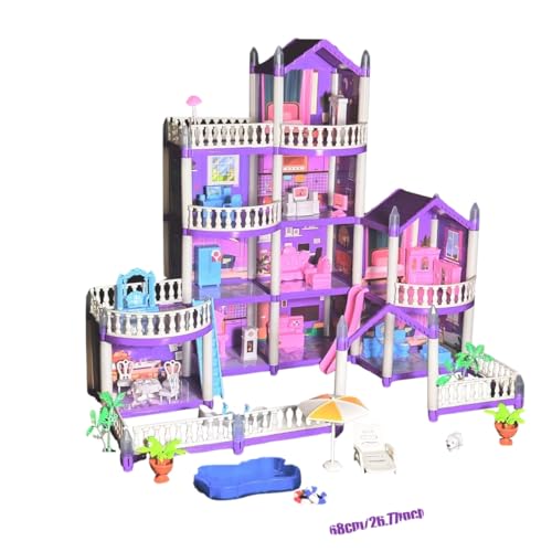 XINGMIFDS Doll House for Girls,10 Rooms Dollhouse with Dolls Figure, Puppies,Furnitures, Accessories, LED Light, Toddler Playhouse Gift for for 3 4 5 6 7 8+Year Old Girls Toys (Purple)