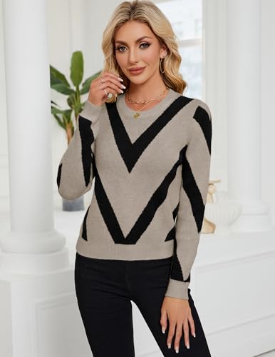 Image of Libsorge Womens Dressy Casual Color Block Striped Sweater Fall 2025 Trendy Outfits Lightweight Ribbed Knit Pullover Top