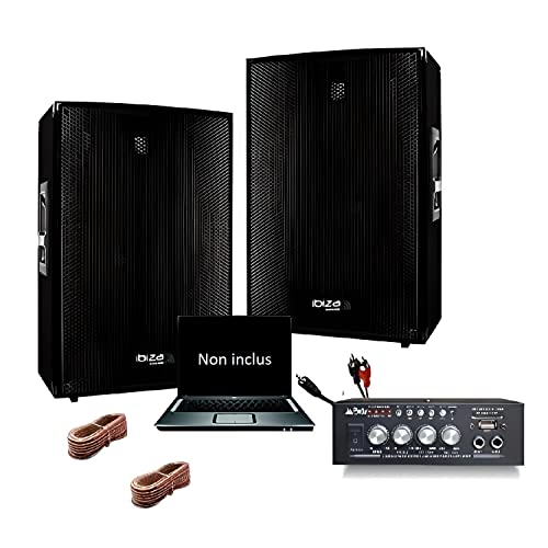 IBI - Pack Sono 600 avec 2 Enceintes Sono 300w + Mini ampli USB Bluetooth idéal Petite soirée en Famille, Anniversaire Fiesta