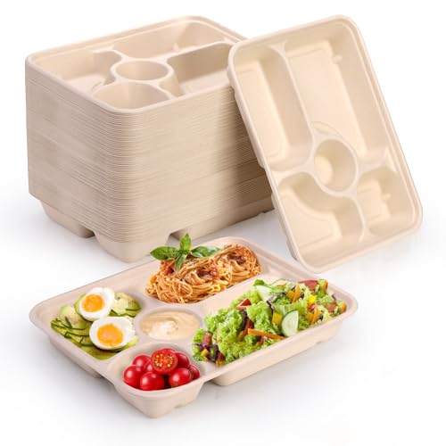 50 Pack 5 Compartment Disposable Paper Plates, 11" x 8" Compostab...