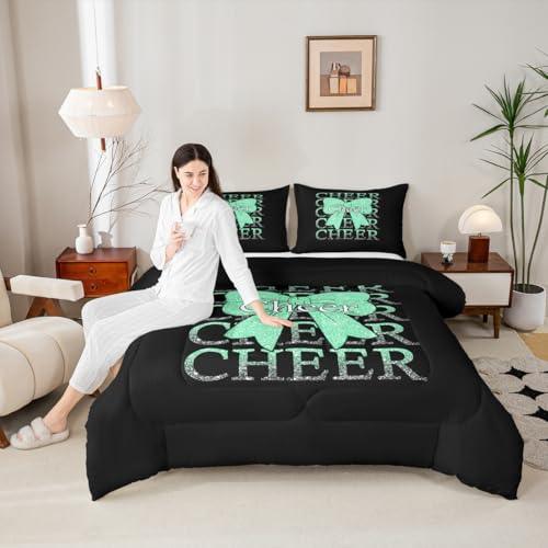 Image of Feelyou Cheer Bow Kids Comforter Set Queen Size Cheerleading Bedding Set Funny Sport Duvet Quilt for Kids Boys Girls Bedroom Green Decor Microfiber Ultra Soft Breathable