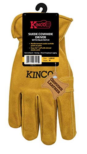 Kinco Leather Work Glove Unlined Suede Cowhide - Golden Suede Full Finger With Shirred Elastic Wrist And Ergonomic Keystone Thumb - Medium #TOP2