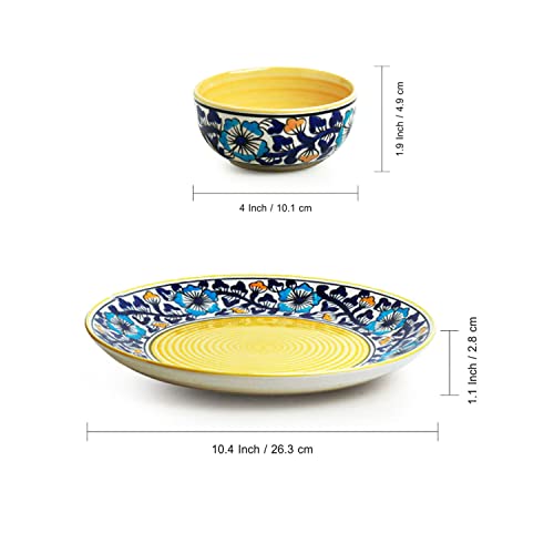 Image of ExclusiveLane 'Badamwari Bagheecha' Ceramic Dinner Plate and Bowl Set (3 Pieces, Serving for 1)|Ceramic Serving Bowls Ceramic Bowl Set Serving Bowl Set Ceramic Bowls Plate