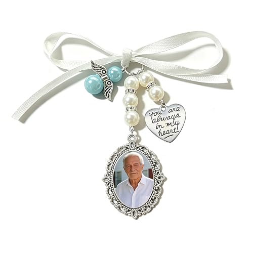 AOZHHL Personalized Photo Wedding Bouquet Charm Bridal Memorial with Angel Wing Custom Picture Keepsake for Wedding Anniversary & Sympathy Gift (Silver Charm (1 Photo))