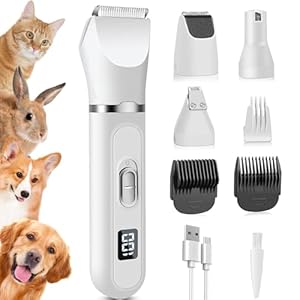 Dog Clippers, 4 in 1 Low Noise Dog Grooming Kit with Paw Trimmer Nail Grinder, Rechargeable Cordless Quiet Pet Clippers for Cat Dog, Grooming Hair, Paws, Eyes Around, Ears, Face