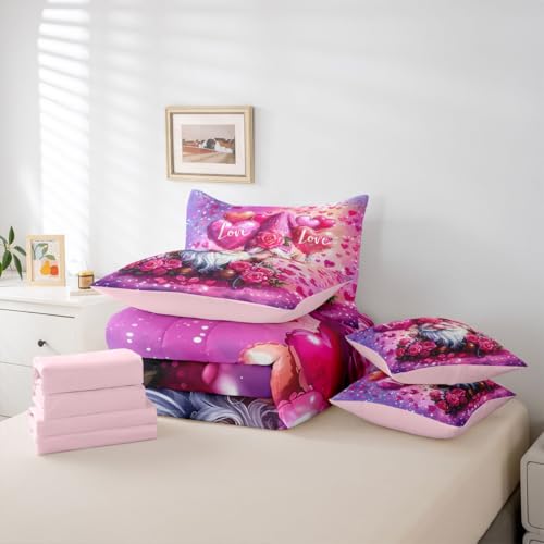 Image of Castle Fairy Happy Valentine's Day 7 PCS Comforter Set,Pink Roses Hearts Bedding Set for Kids Adults Girls,Lovely Valentine Gnome Bed in a Bag with Comforter,Sheets and Pillow Cases,Queen