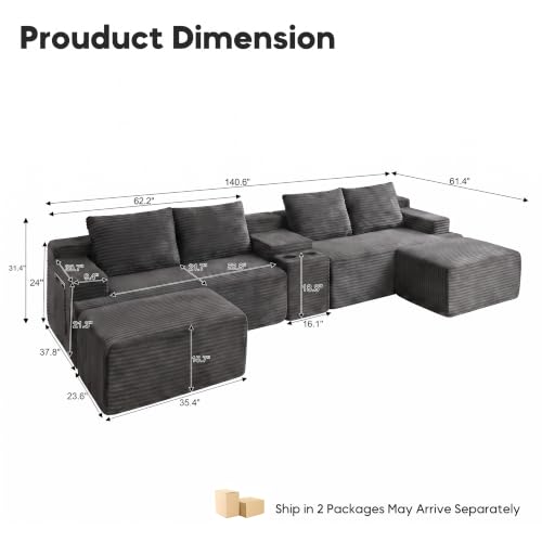Image of 140 inch Modular Sectional Sofa Couch, Oversized U Shape Cloud Couch with 2 Ottomans, Storage and Cupholders, Corduroy Sofa Boneless Couches for Living Room, No Assembly Required, Dark Grey