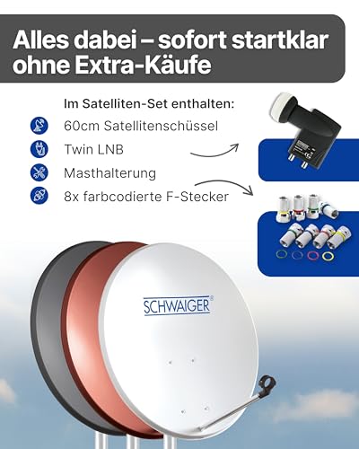 SCHWAIGER Satellitenschüssel Komplettset - Ø 60 cm Stahl Offset Antenne in Hellgrau - Inkl. sonnengeschütztes Twin LNB - Digital HD & 4K Empfang - Hitzebeständig & wetterfest
