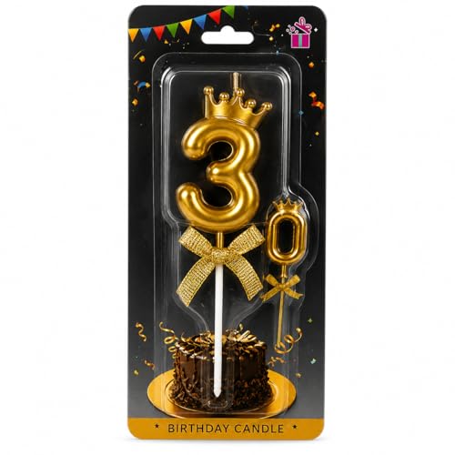 Image of Number 3 Unscented Candle with Crown 3 inch for Birthday Parties, Wedding, Engagement, Valentines Day Celebration, Theme Party, Bachelors Decoration Gold, Numeric 3