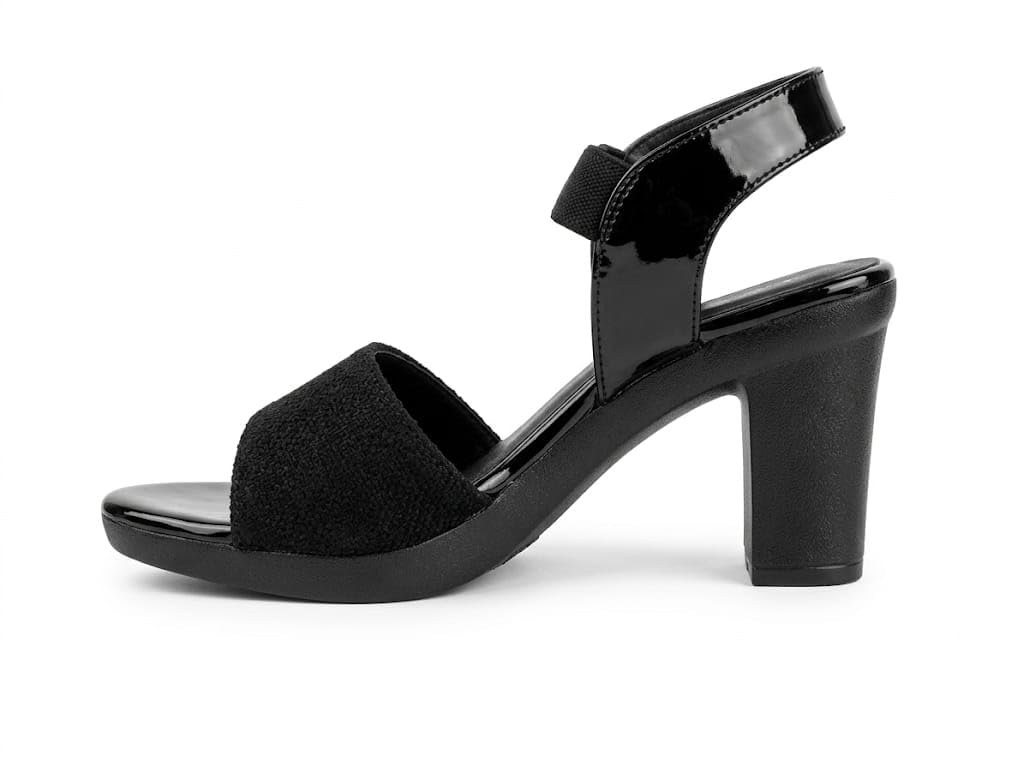 Women's Black Block Heel Sandals, Open Toe with Ankle Strap, Suede and Patent Finish GW_S8-picture-15