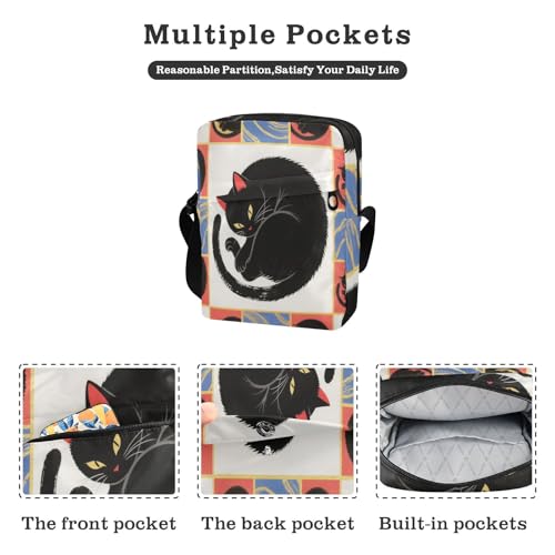 messenger bag for men Shoulder Bag For Woman Womens Crossbody Purses Adjustable Strap for business business- Black Japanese Cat2