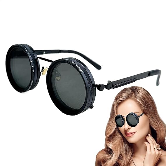 Image of Adjustable Tint Sunglasses, 1-9 Gear Adjustable Polarized Sunglasses with ND Filter Lenses, Round Black Lens for Men & Women, UV Protection for Driving, Fishing, and Outdoor Use.