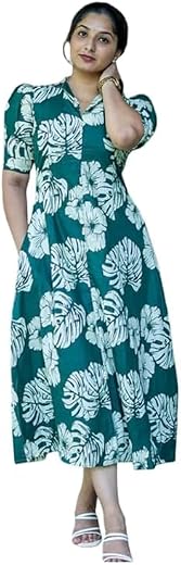 ZOHRAKURTI Women's Western Dress, Tropical Floral Print, Short Sleeve, Midi Length, V-Neck | Cotton Floral Printed A-Line ...