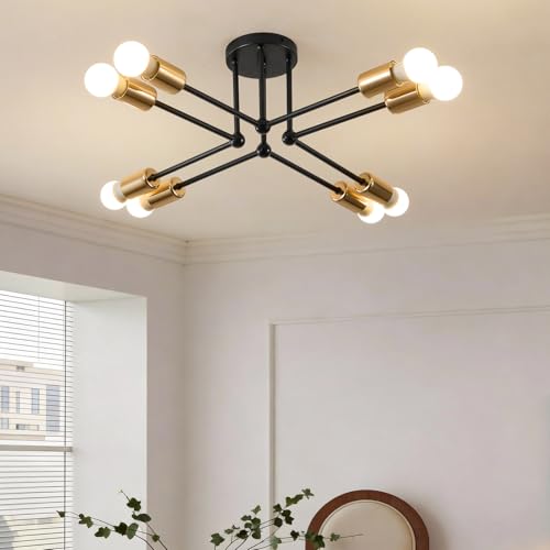 Lightess Plafonnier Vintage Noir 8 branches, Lustre Sputnik Lampe de Plafond E27 Industriel Rétro en Métal pour Salon, Salle à manger, Chambre à coucher et Couloir