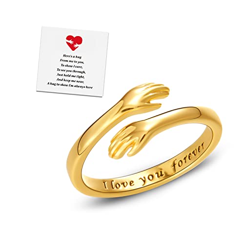 RINHOO FRIENDSHIP Hug Rings for Women Silver Hugging Hands Ring Adjustable 14K Gold Plated Daughter Rings from Mom Jewelry for Couples