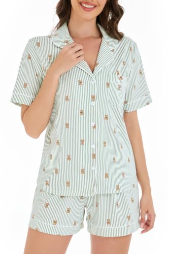 Image of LUBOT 100% Cotton Pajamas for Women 2 Piece PJ Set Button-Down Soft Knit Short Sleeve Summer Sleepwear Loungewear XS-XXL