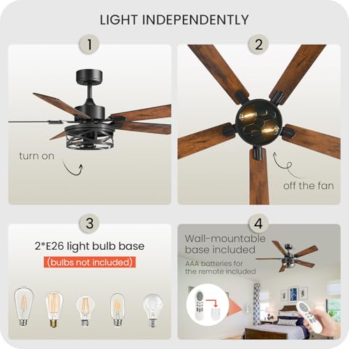 Image of 52 Inch Farmhouse Ceiling Fan with Lights and Remote, Timer, Dual Finish 5 Blades (Walnut and Black), 6 Speeds, Reversible DC Motor, Rustic & Industrial Caged Ceiling Fan for Bedroom ZB01CF05