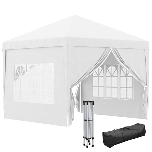 Outsunny Carpa Plegable Pop-up Gazebo 3x3 m Cenador Plegable con 4 Paredes Laterales Anti-UV y Bolsa de Transporte para Camping Fiestas Blanco