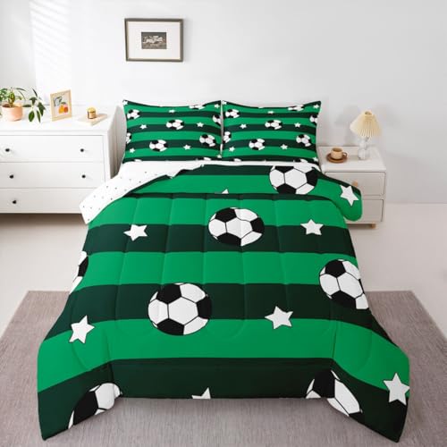 Image of Feelyou Soccer Comforter Set Full Size Kids Football Pattern Games Bedding Set for Boys Girls Teens Sports Theme Green Geometric Stripes Duvet Quilt Room Decor