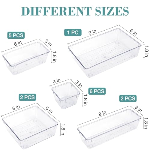 Image of StorMiracle 16 PCS Drawer Organizer Set, 5 Varied Size Bathroom and kitchen Drawer cabinet organizer Trays, Clear Storage Bins for Makeup, Jewelry, Utensils and Gadgets