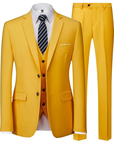Mens 3 Pieces Suit Set Solid Two Button Slim Fit Party Prom Business Wedding Jacket Blazer Vest Pants with Tie Yellow