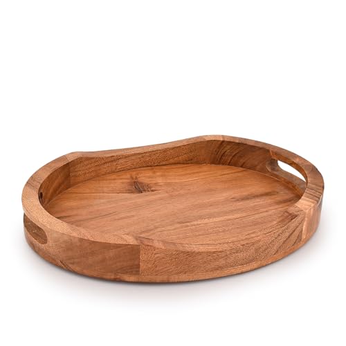 Mahasu Tablett aus Akazienholz, oval, großes Tablett mit Griff, Serviertabletts für Wohnzimmer, Zuhause, Esstisch (35,6 x 27,9 x 5,1 cm)