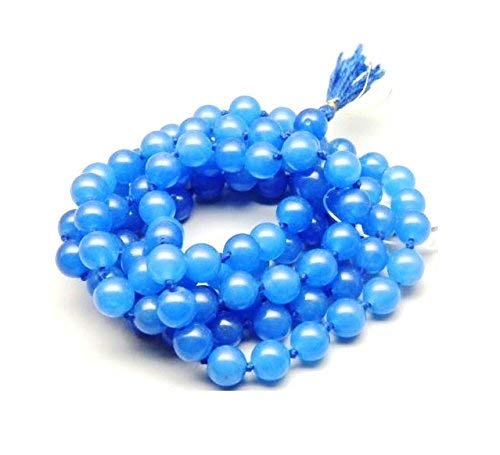 Mala-Halskette aus natürlichem AAA-blauem Chalcedon 108, Chalcedon-Mala-Halskette, 108 Gebetskette, handgeknüpftes Mala-Armband, Japa-Mala, 8 mm runde Perlen, Meditations-Quaste, buddhistische Mala,