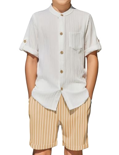 Image of Arshiner Boy's 2 Piece Beach Outfit Short Sleeve Textured Button Down Shirt and Short Sets Summer Vacation Wear 4-12 Years